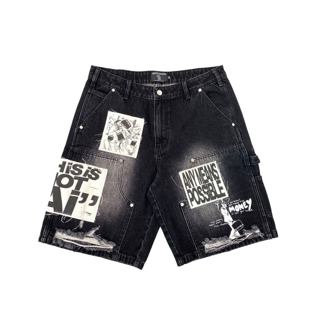 Black “AI” Denim shorts mixed emotion